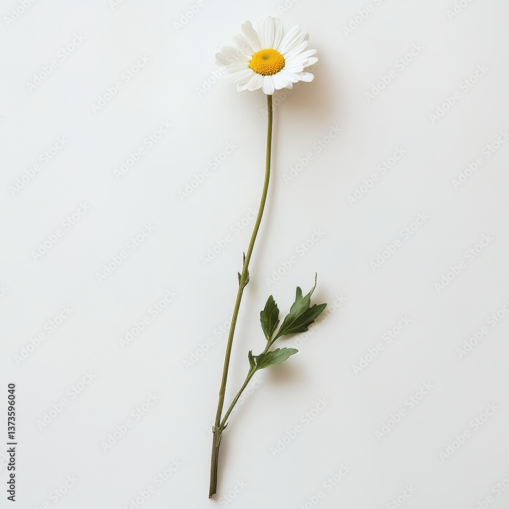 Poster long-stemmed daisy with white petals gracefully positioned against a light background in a simple ye