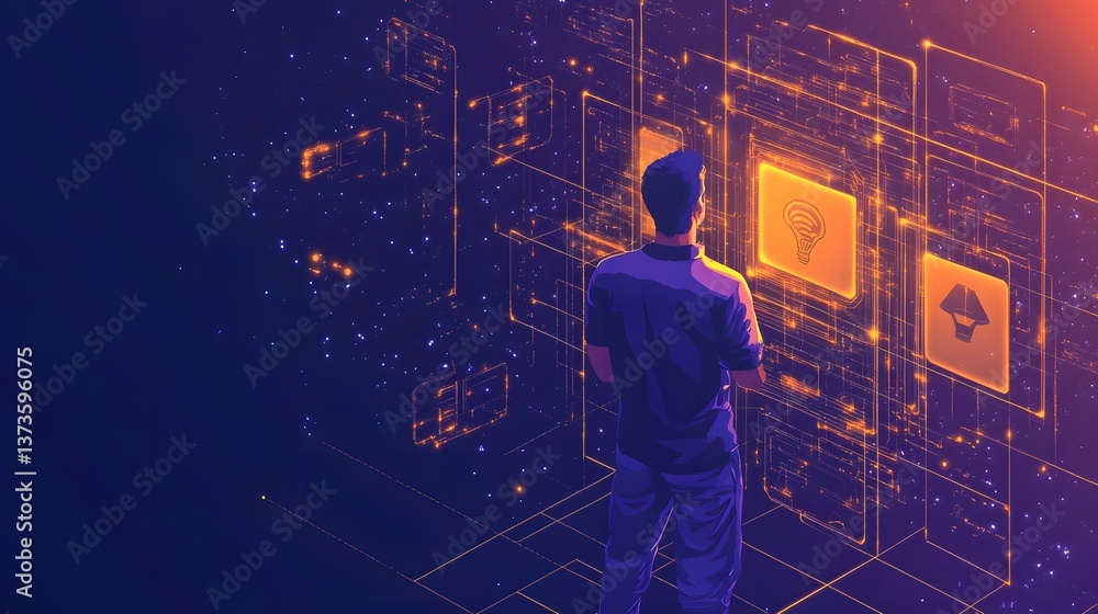 Poster digital frontier explorer: a man stands, gazing at an interactive digital interface, hinting at a de