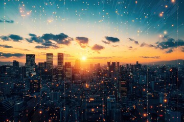 City skyline at sunset with sparkling lights and colorful clouds