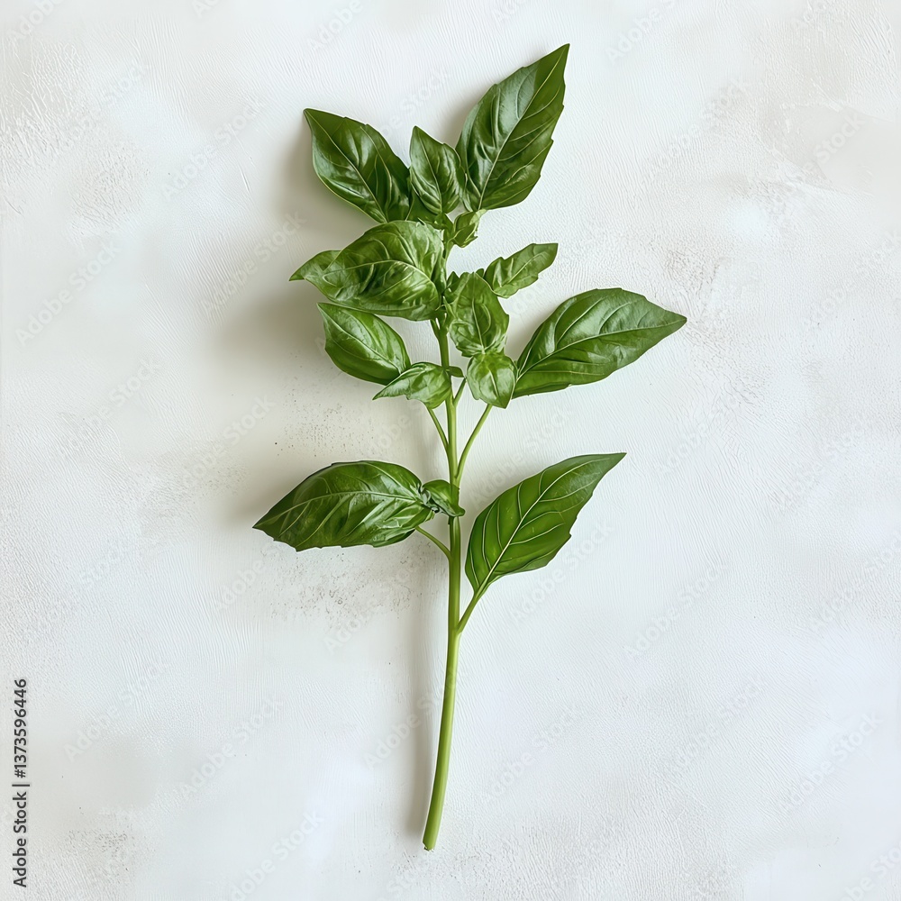 Aufkleber fresh basil sprig with vibrant green leaves displayed on a neutral background for culinary use or de