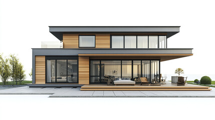 Modern loft style house with large windows and wooden accents