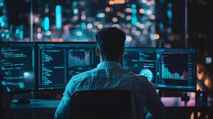 Data Analyst at Work: A focused analyst is deeply immersed in monitoring data on multiple screens, indicating a commitment to data analysis within a modern digital setting.