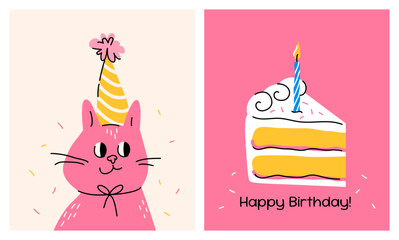 Set of cute happy birthday greeting cards  pink funny cat in a cap and a piece of birthday cake with one lit candle on a pink background, drawings, hand drawn simple colorful illustrations, flat style © Мария Кривецкая