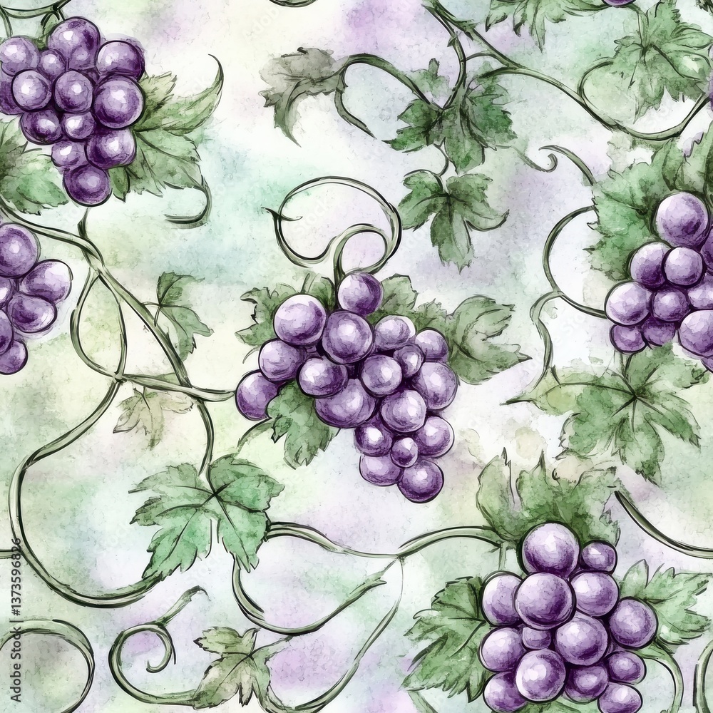 Poster beautiful watercolor doodles of grapes intertwined with vines on a soft pastel background