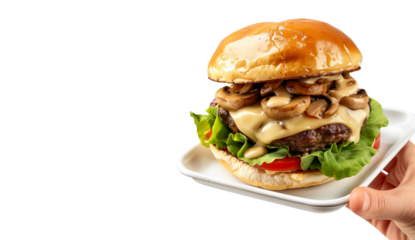 Hand holding Mushroom Swiss Burger with black beans, vegetables and spices isolated on transparent white background.