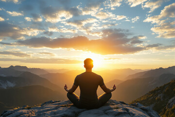 Obraz premium Man sits cross-legged in meditation on a mountain top at sunrise, realistic style, scenic mountain background, concept of mindfulness and inner peace, Ai generative