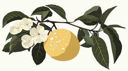 Dewdrop Kissed Peach on Branch with Blossom  Botanical Illustration