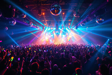 Large crowd dancing and enjoying a live concert with colorful lights and disco balls in a vibrant indoor scene, festive music hobby background. Ai generative