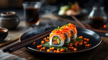 Fresh salmon sushi rolls, a traditional Japanese seafood meal