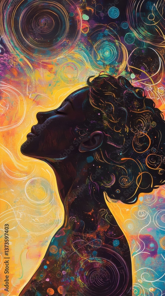 Poster serene portrait of a woman radiating inner peace with vibrant colors and abstract patterns in the ba