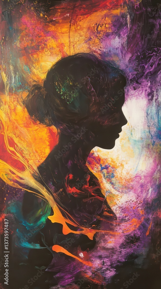 Poster portrait of a serene woman surrounded by colorful abstract swirls of light and energy at dusk in a d