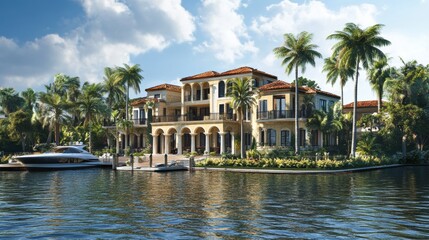 skyscrapers luxury estate on a river on the front 