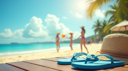 Obraz premium Flip-flops and Beach Hat on Beach.