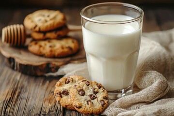 A glass of milk on the table with cookies, close-up, natural lighting, wooden background