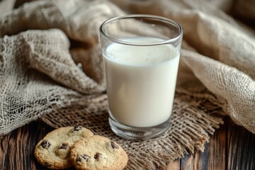 A glass of milk on the table with cookies, close-up, natural lighting, wooden background