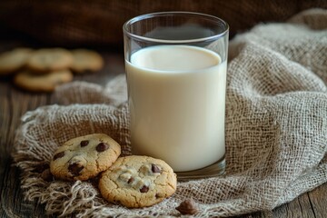 A glass of milk on the table with cookies, close-up, natural lighting, wooden background