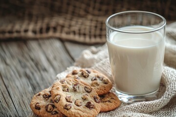 A glass of milk on the table with cookies, close-up, natural lighting, wooden background