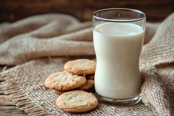 A glass of milk on the table with cookies, close-up, natural lighting, wooden background