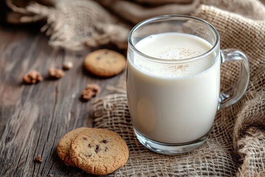 A glass of milk on the table with cookies, close-up, natural lighting, wooden background - Powered by Adobe