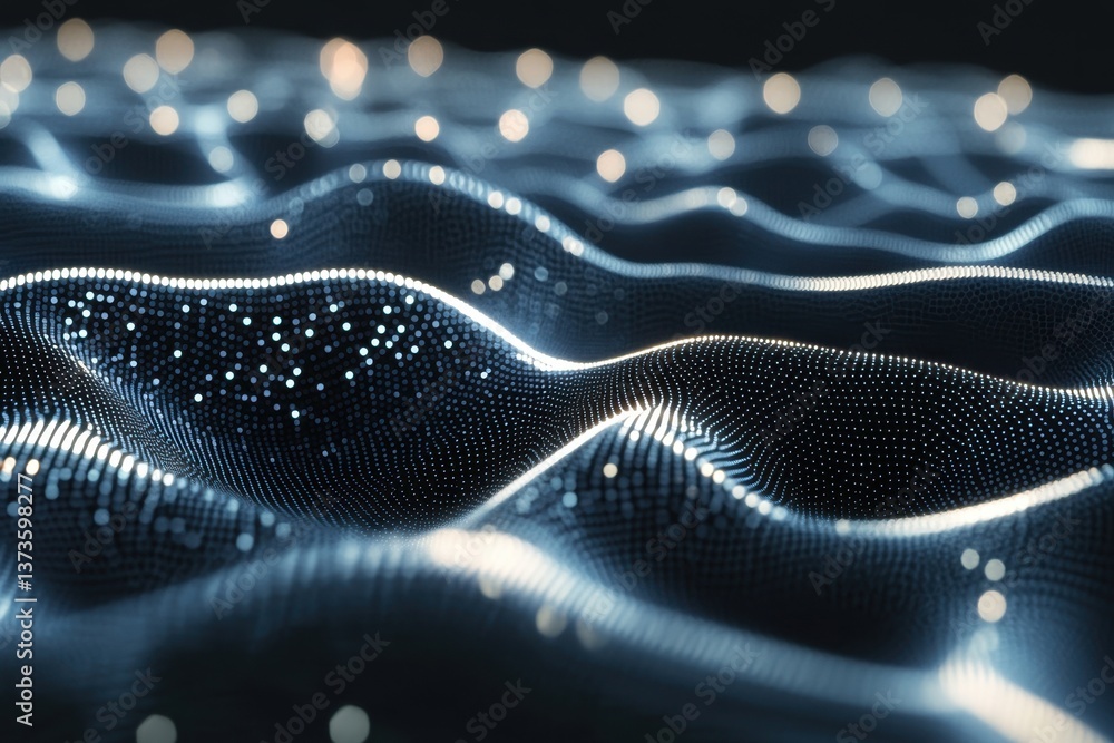 Poster waves of light create an abstract digital landscape filled with glowing particles in motion