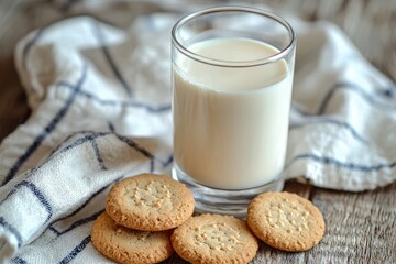 A glass of milk on the table with cookies, close-up, natural lighting, wooden background