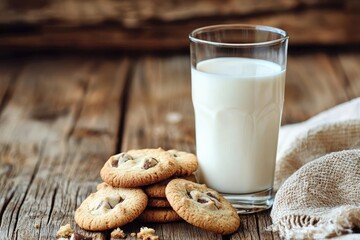 A glass of milk on the table with cookies, close-up, natural lighting, wooden background
