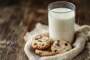 A glass of milk on the table with cookies, close-up, natural lighting, wooden background