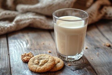 A glass of milk on the table with cookies, close-up, natural lighting, wooden background