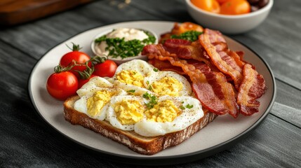 Hearty breakfast plate featu sliced hard-boiled eggs on toast with crispy bacon, cherry tomatoes, and creamy sauce in a bright kitchen setting