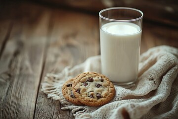 A glass of milk on the table with cookies, close-up, natural lighting, wooden background