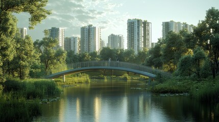 Fototapeta premium a bridge from a group of modern buildings to a forest on the other side, crosses river, photo realistic, contemporary 