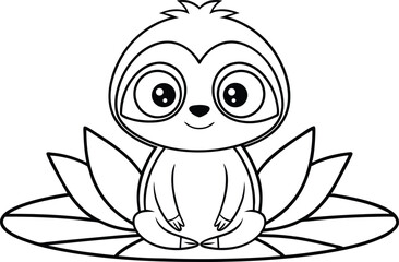 Cartoon Sloth Sitting on Lotus Flower Pad Outlines on Transparent Background