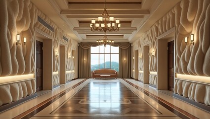 Naklejka premium cartoonish empty hotel hall interior with very soft walls like sheep's wool