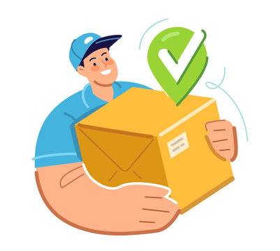 recommend clip art: Smiling delivery man in uniform holding package box. Courier in uniform. Cargo transportation, moving service