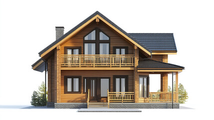 Wooden house with large windows and balcony on white background