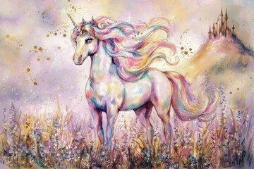 A majestic unicorn with a rainbow mane stands in a colorful meadow, surrounded by flowers and a dreamy castle in the background.