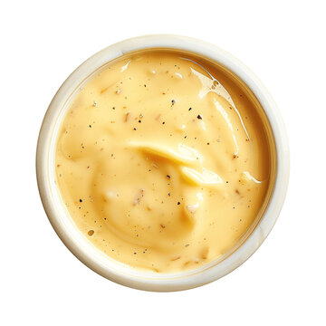 Bowl of smooth, melted queso cheese dip with a rich, creamy texture. Isolated on a transparent background