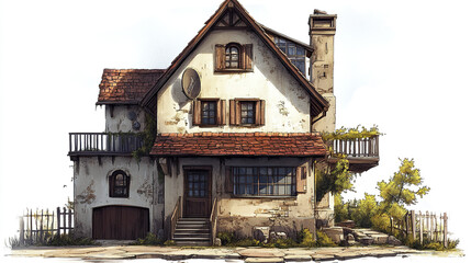 Charming rustic house with weathered facade and lush greenery