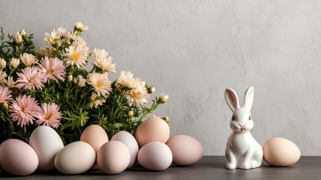 White ceramic rabbit beside two pastel eggs with clustered pastel eggs and pale pink cream chrysanthemums in a beautiful sp floral arrangement