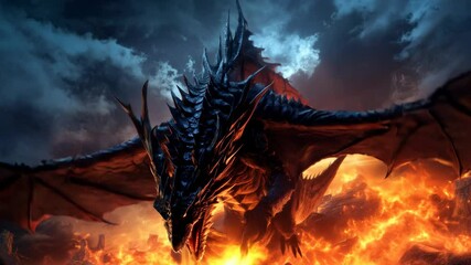Epic fantasy scene of a dragon soaring over fiery lava, captured from a low-angle view, resembling a dramatic video game cinematic. Live desktop wallpaper.