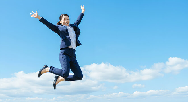 Japanese businesswoman jumping against clear blue sky, AI generated