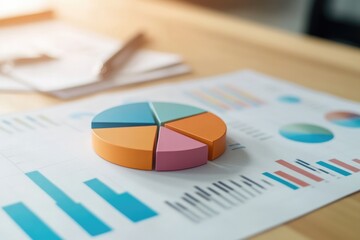 Colorful pie chart and bar graphs on desk, representing financial or business analysis