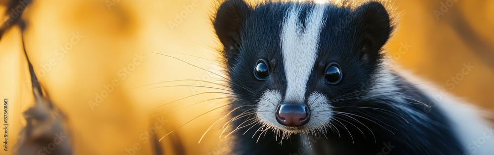 Aufkleber close-up of a skunk's face showcasing its striking black and white fur with expressive eyes in a nat