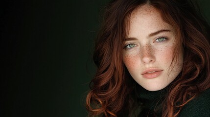 Fototapeta premium Beautiful Woman Portrait Freckles Red Hair Green Eyes Close up