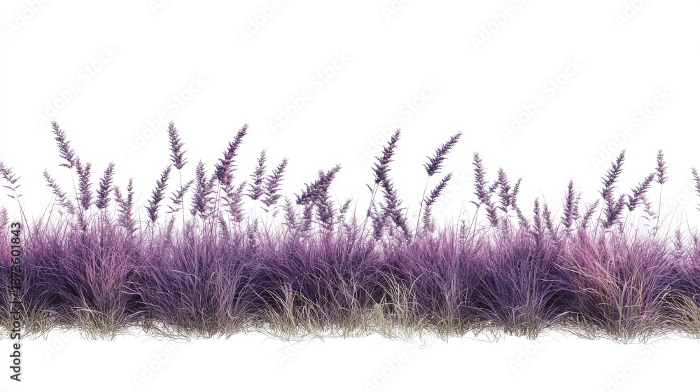 Poster Lush row of deep purple grass blending seamlessly into a soft white background in a serene outdoor setting