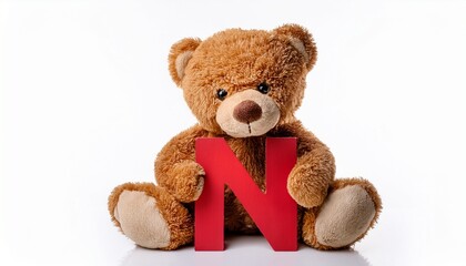 Obraz premium Cute brown teddy bear with letter N. Baby name reveal after child birth. Stuffed animal isolated on white background