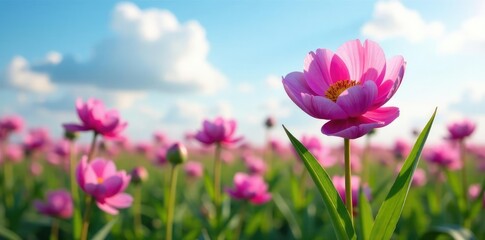 Fototapeta premium stunning purple peony blooms in a field of tall grass and sky on pale light purple ground, flowers, purple, nature