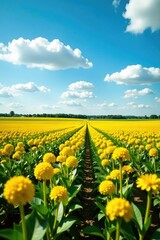 Fototapeta premium Sugar beet field with blue sky and white clouds, canola, farming
