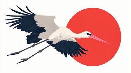 Elegant Stork in Flight  Red Sun  Bird Illustration  Nature Art  Wildlife  Avian  Animal
