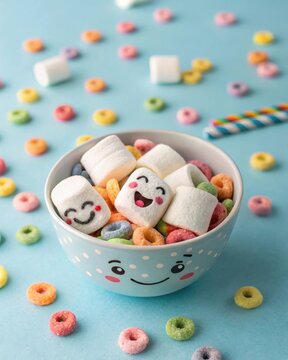 a bowl of multicolored cereal with a wooden spoon